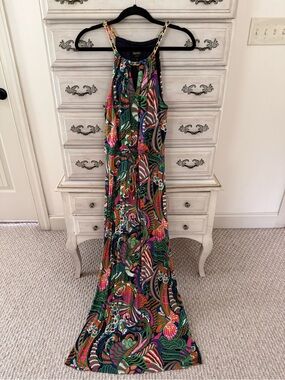 Laundry By Shelli Segal Multicolor Tropical Print Chain Halter Keyhol Maxi Dress